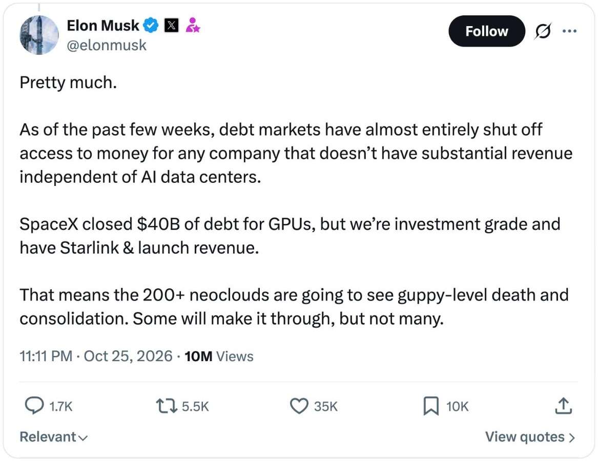 Elon Musk op X: schuldmarkten zijn dicht voor neoclouds zonder omzet buiten AI-datacenters
