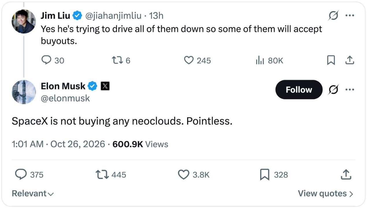 Elon Musk op X: SpaceX koopt geen neoclouds